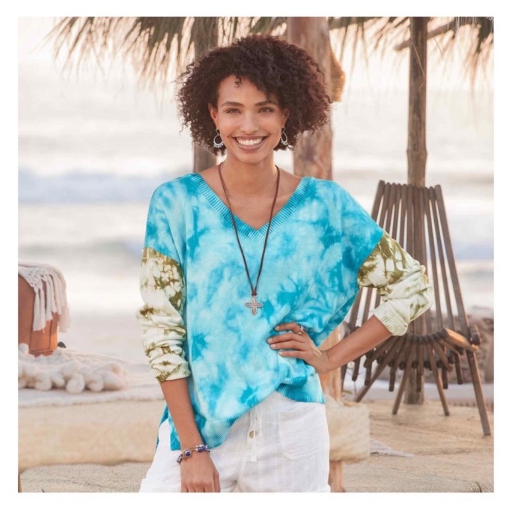 Sundance Tie Dye Summer Skies Pullover‎ V-Neck Sweater Blue extra large